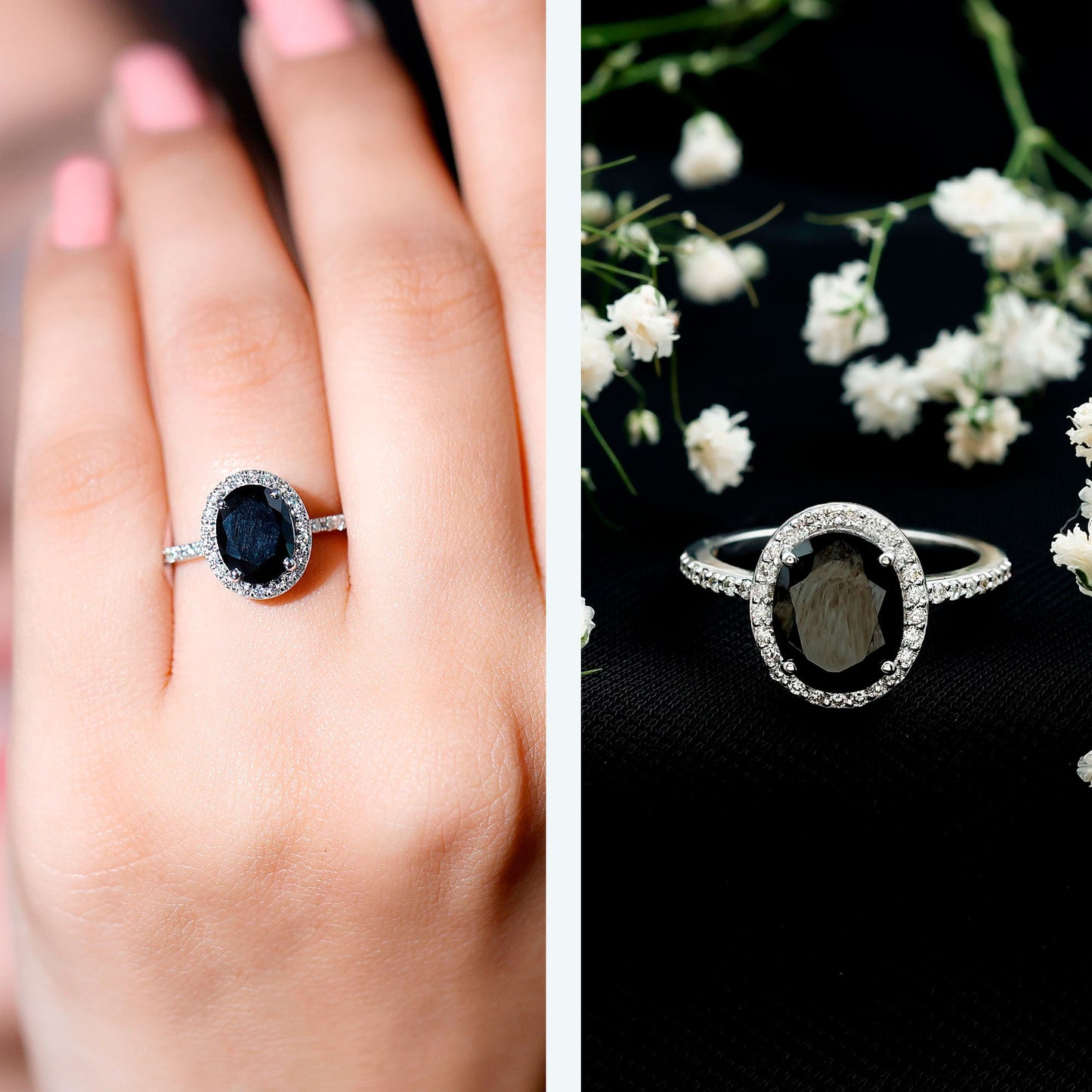 Certified 4.2 Carat Lab Grown Black and White Diamond Oval Engagement Ring with Halo