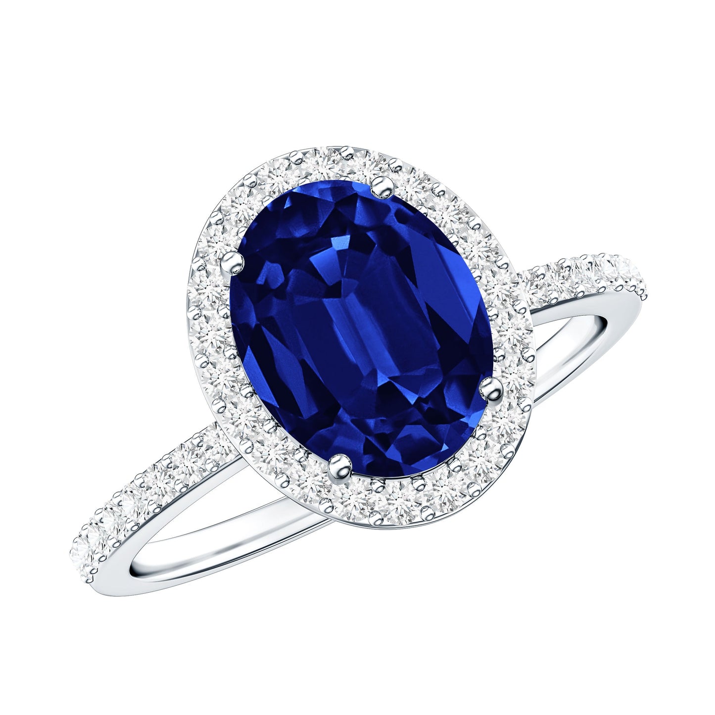 4 Carat Lab Grown Blue Sapphire Oval Engagement Ring with Diamond Halo