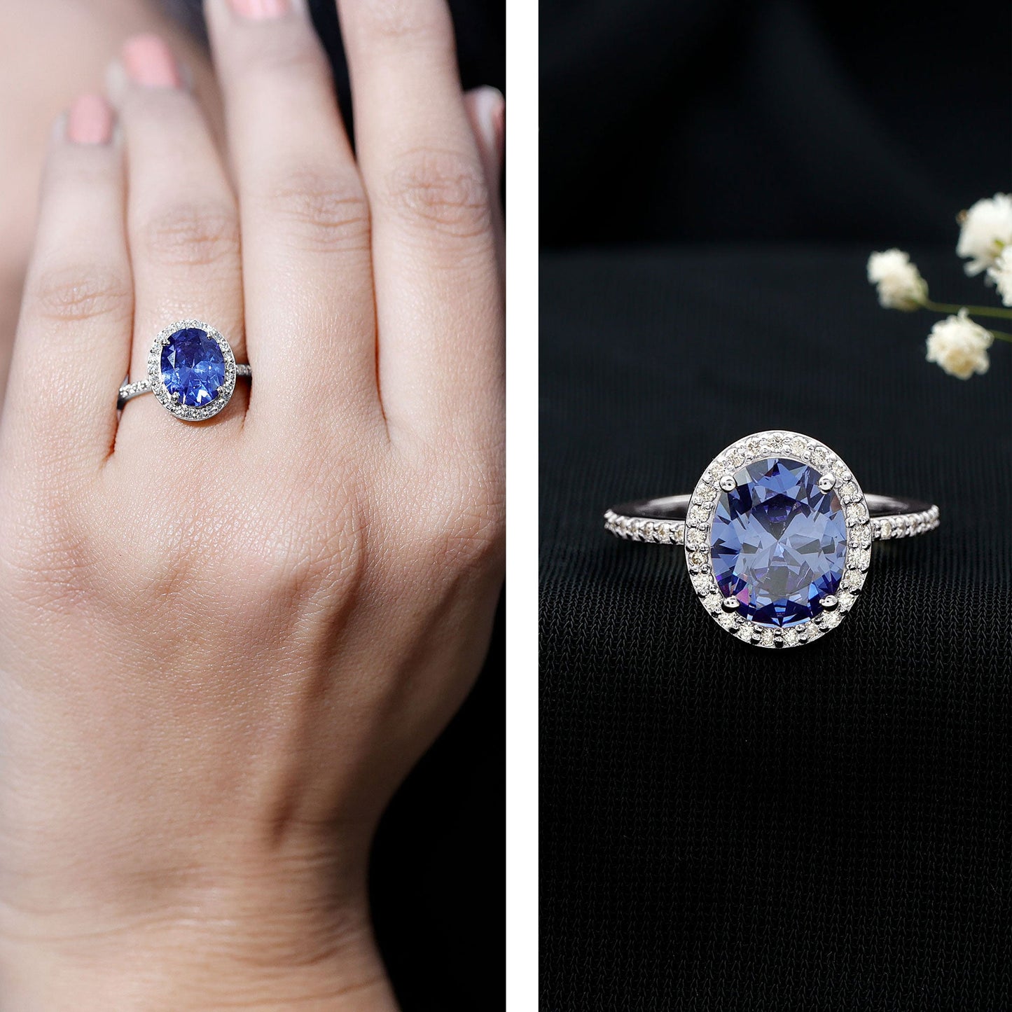 4 Carat Lab Grown Blue Sapphire Oval Engagement Ring with Diamond Halo