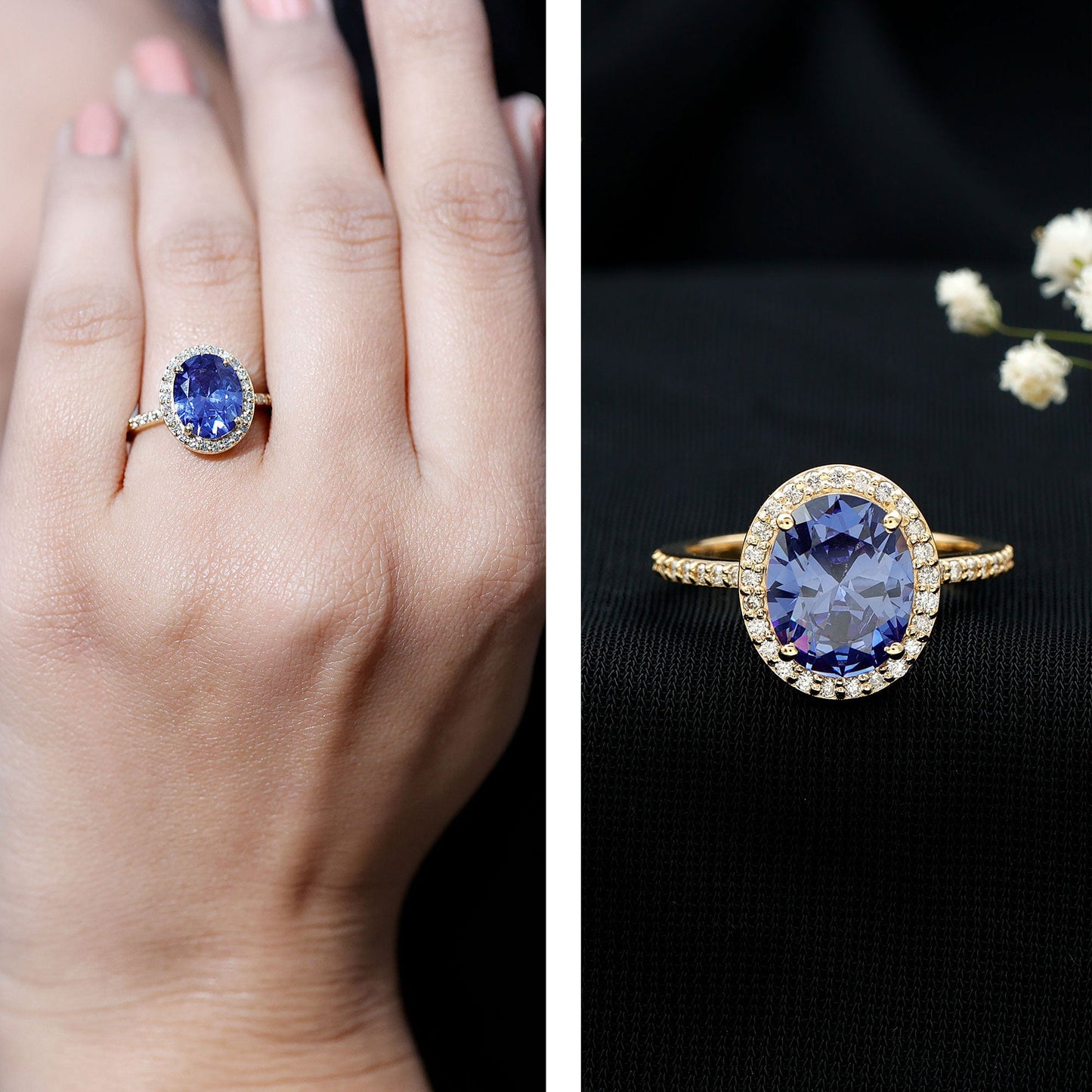 4 Carat Lab Grown Blue Sapphire Oval Engagement Ring with Diamond Halo