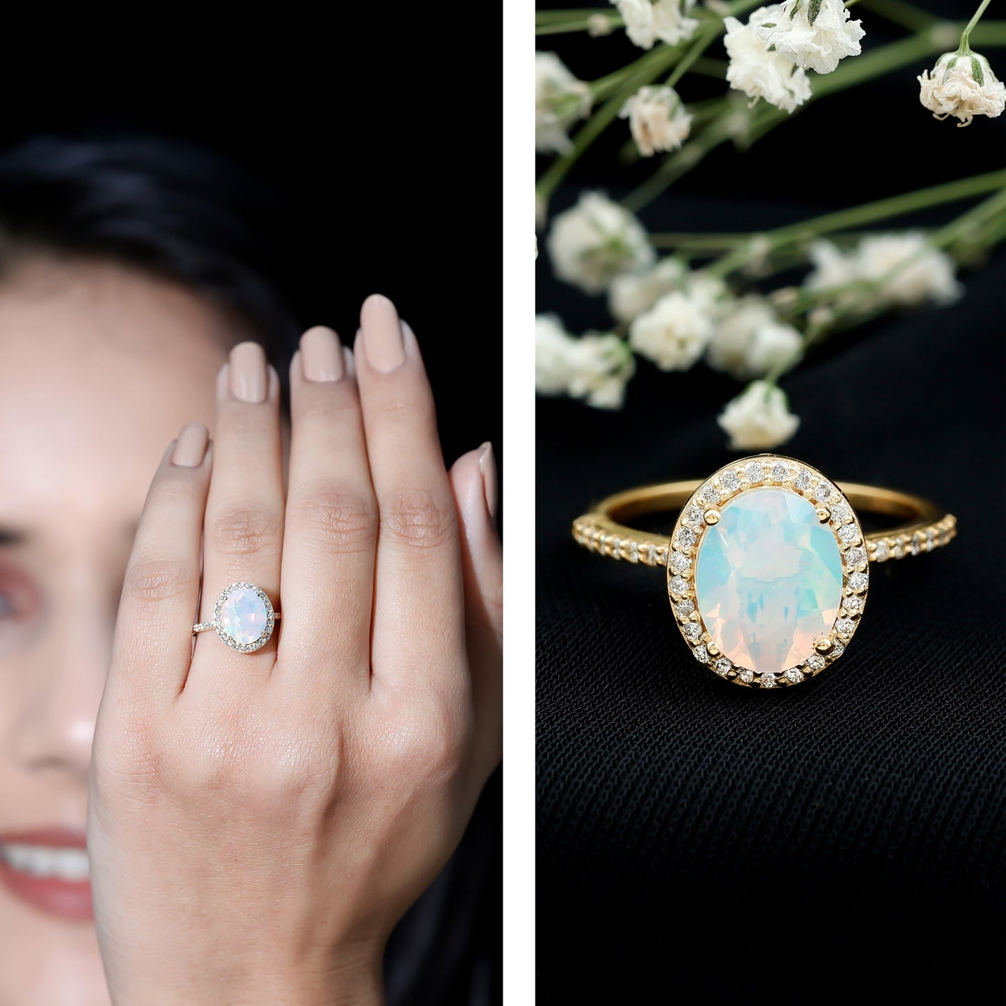 Certified Real 1.3 Carat Ethiopian Opal Engagement Ring with Diamond Halo