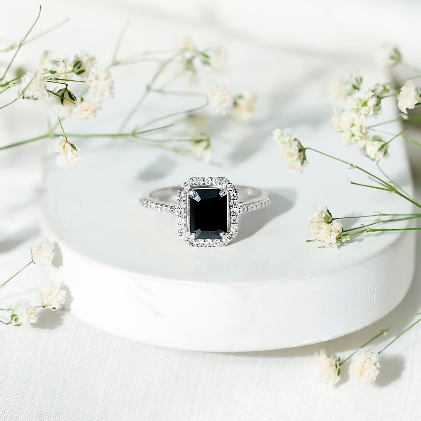 1.6 Carat Lab Grown Black and White Diamond Emerald Cut Engagement Ring with Halo