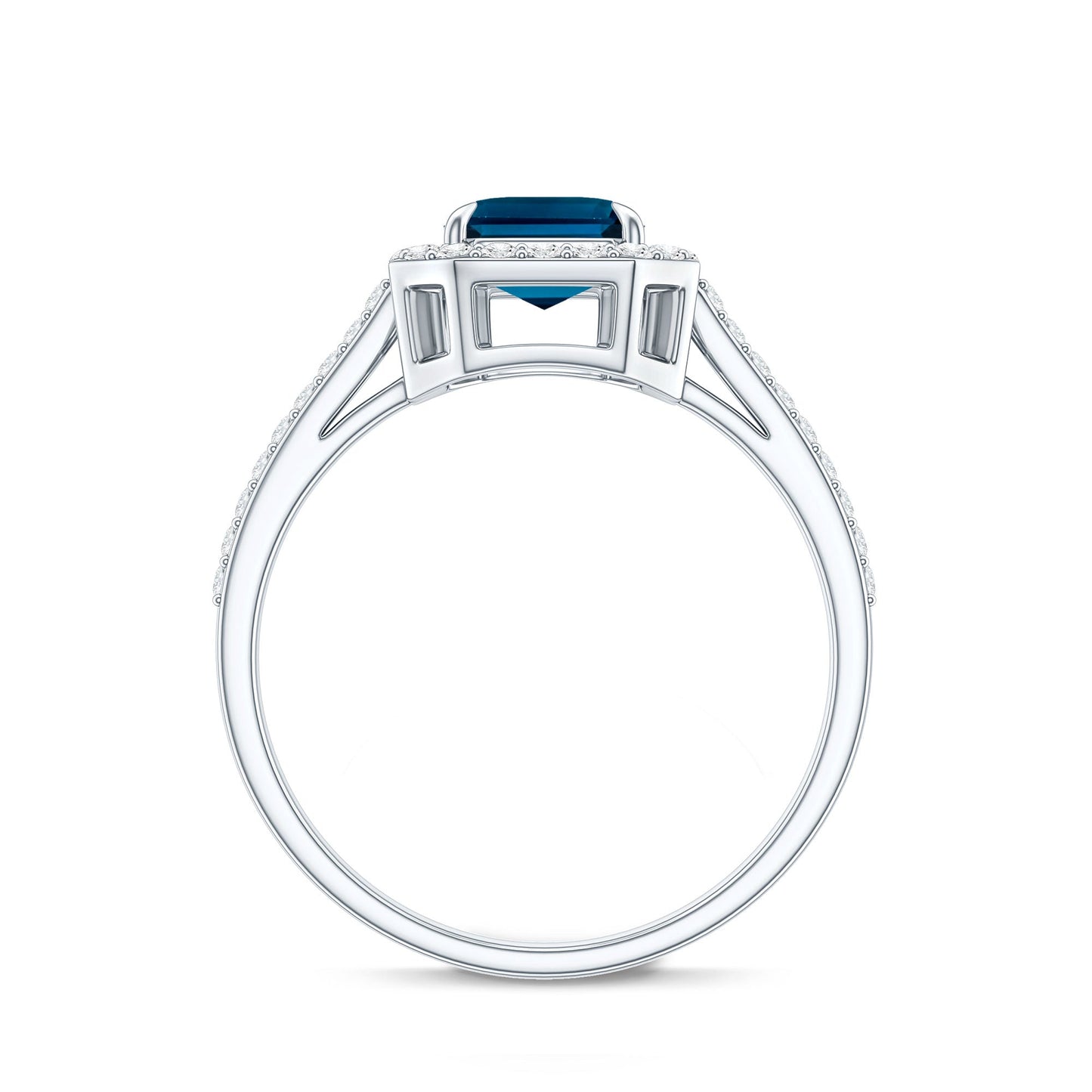Emerald Cut London Blue Topaz Engagement Ring with Diamond Halo