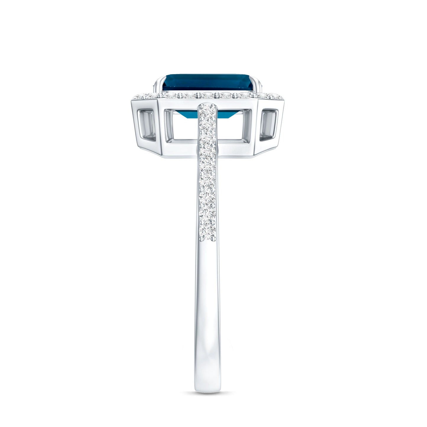Emerald Cut London Blue Topaz Engagement Ring with Diamond Halo