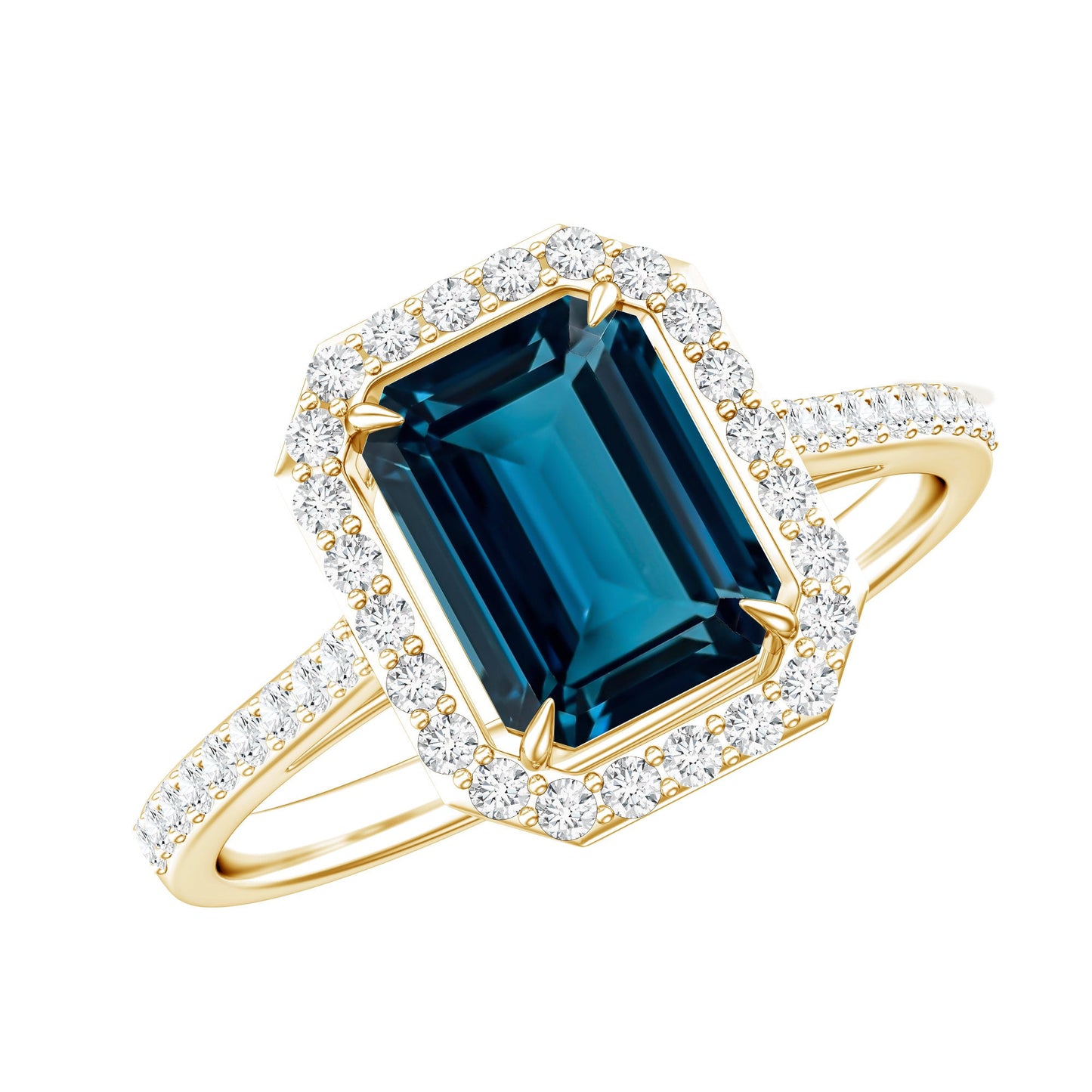 Emerald Cut London Blue Topaz Engagement Ring with Diamond Halo