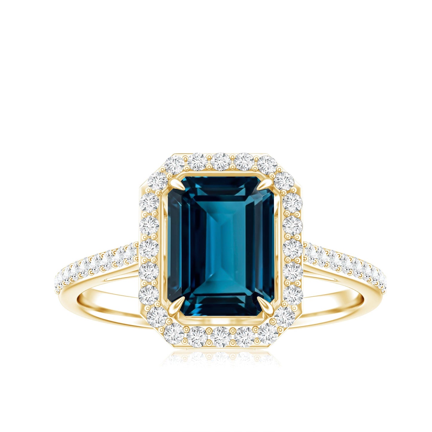 Emerald Cut London Blue Topaz Engagement Ring with Diamond Halo