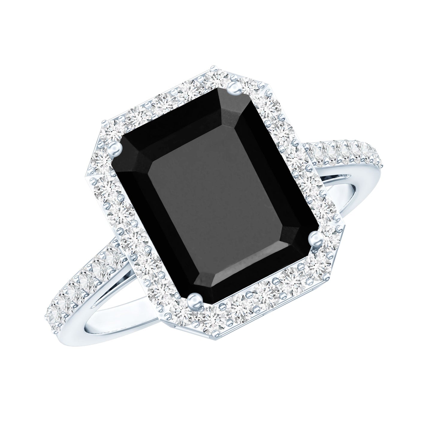 3.4 Carat Lab Grown Black Diamond Emerald Cut Engagement Ring with White Diamond Halo