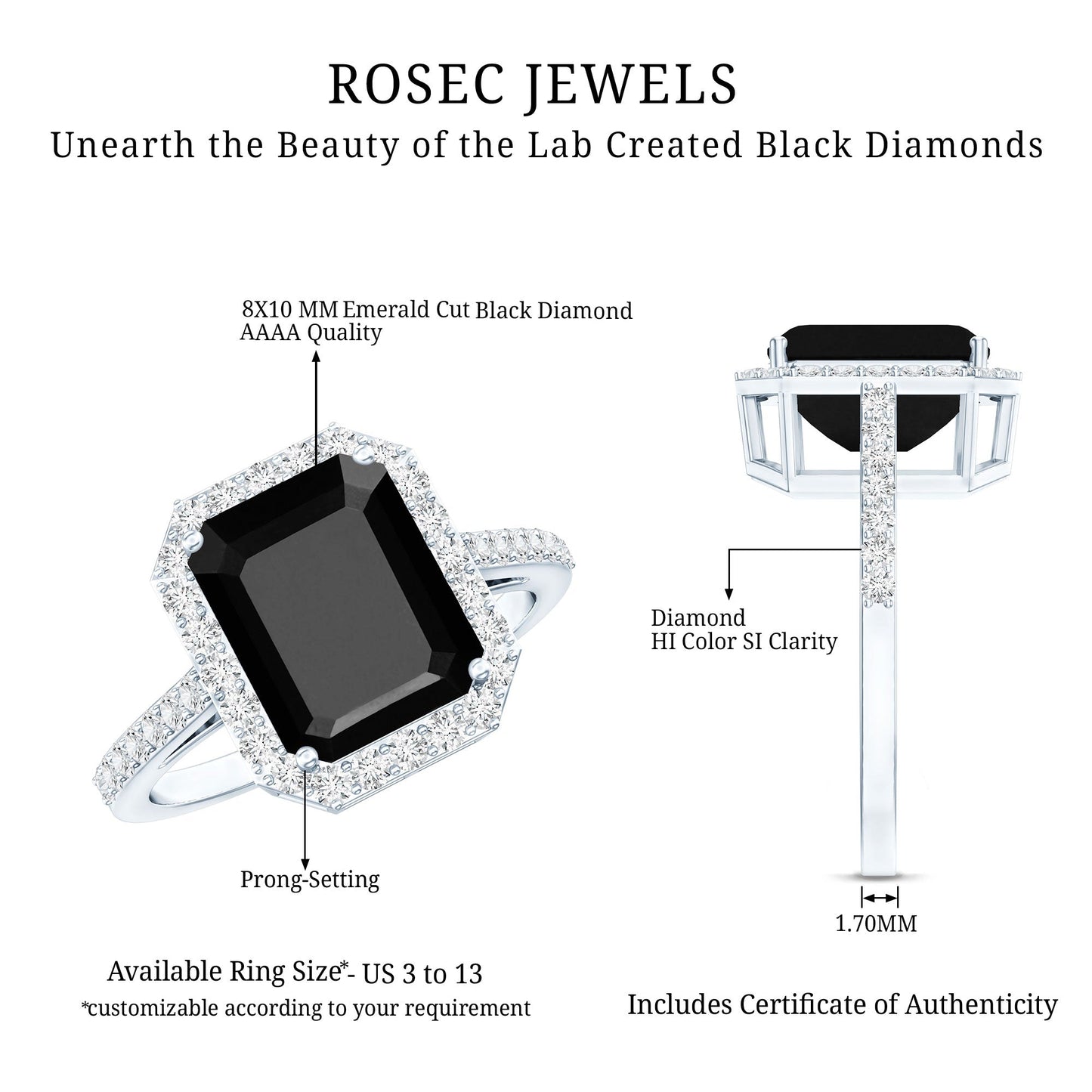3.4 Carat Lab Grown Black Diamond Emerald Cut Engagement Ring with White Diamond Halo