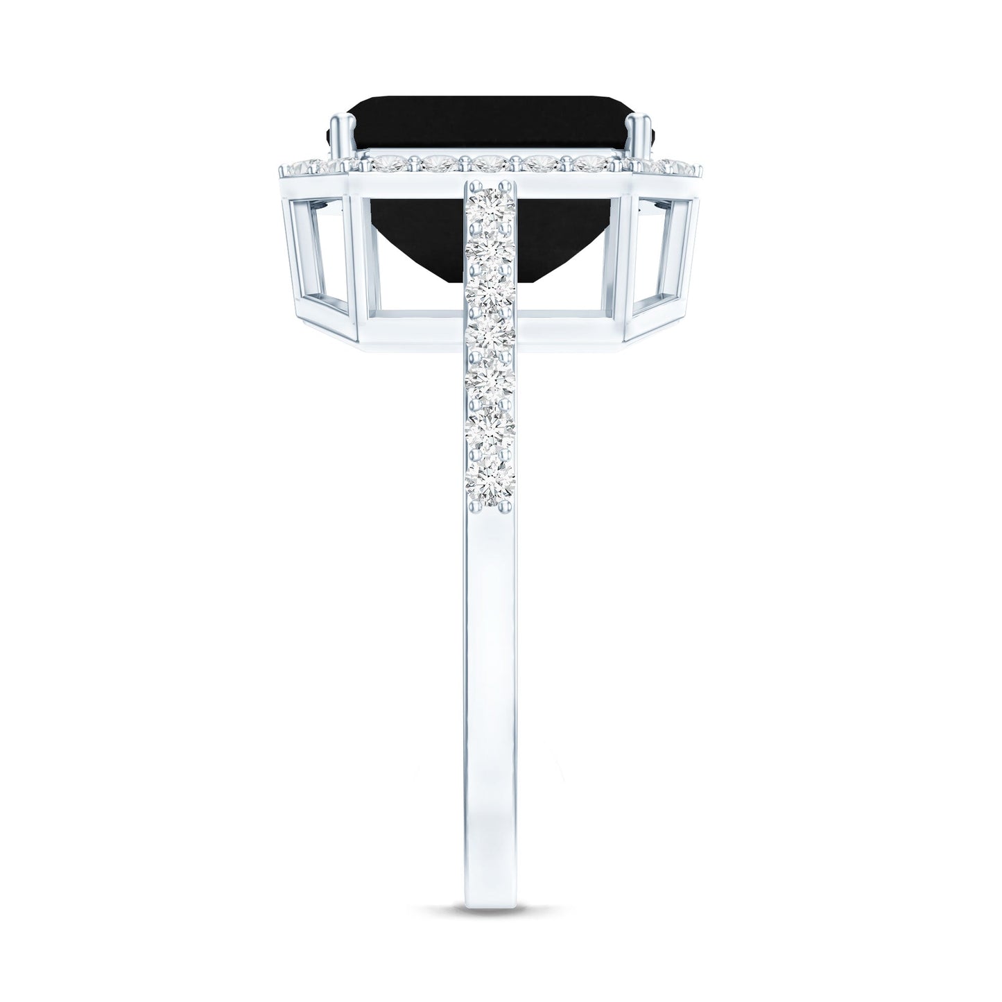 3.4 Carat Lab Grown Black Diamond Emerald Cut Engagement Ring with White Diamond Halo