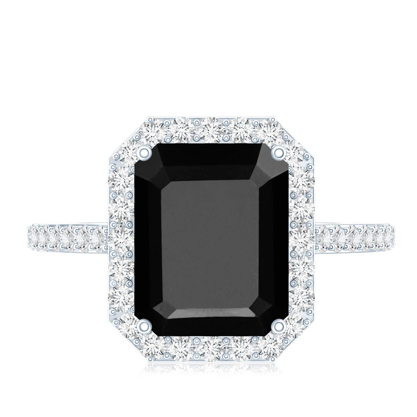 3.4 Carat Lab Grown Black Diamond Emerald Cut Engagement Ring with White Diamond Halo