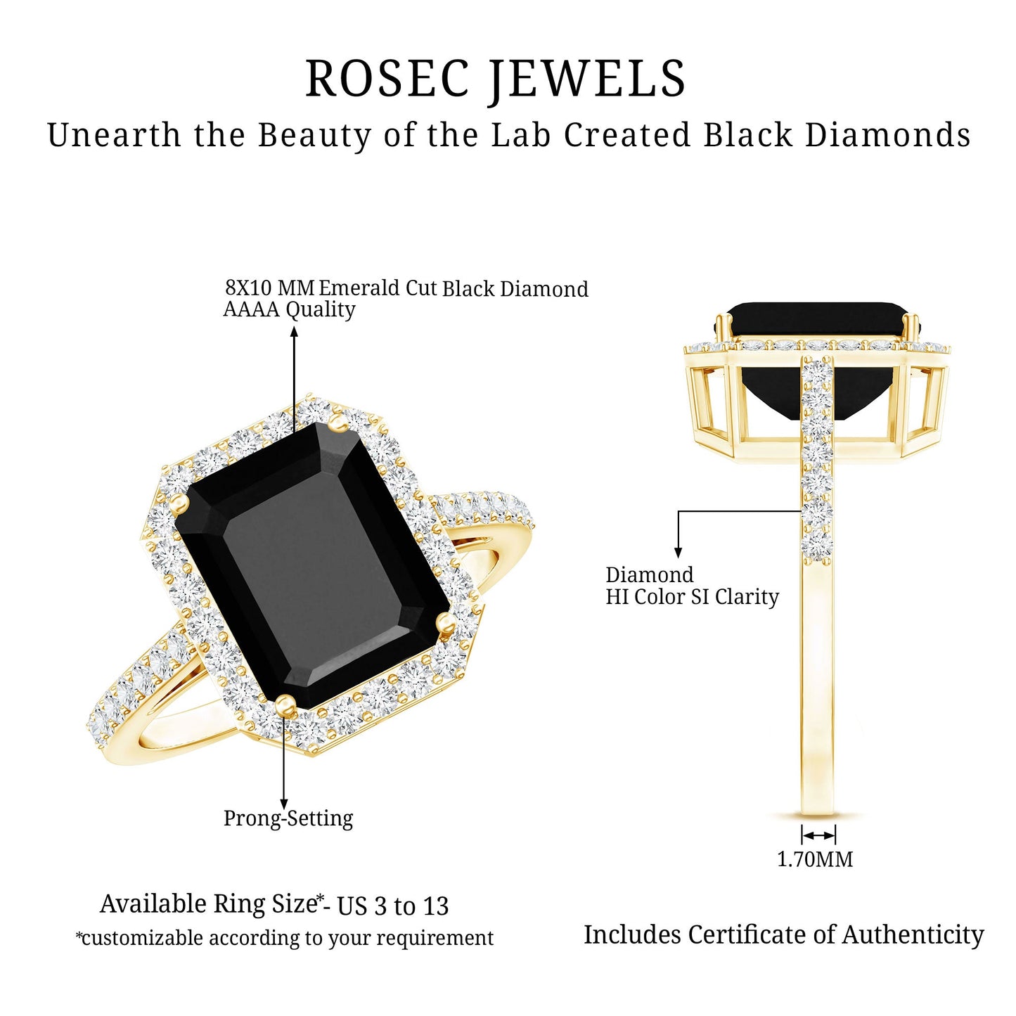 3.4 Carat Lab Grown Black Diamond Emerald Cut Engagement Ring with White Diamond Halo
