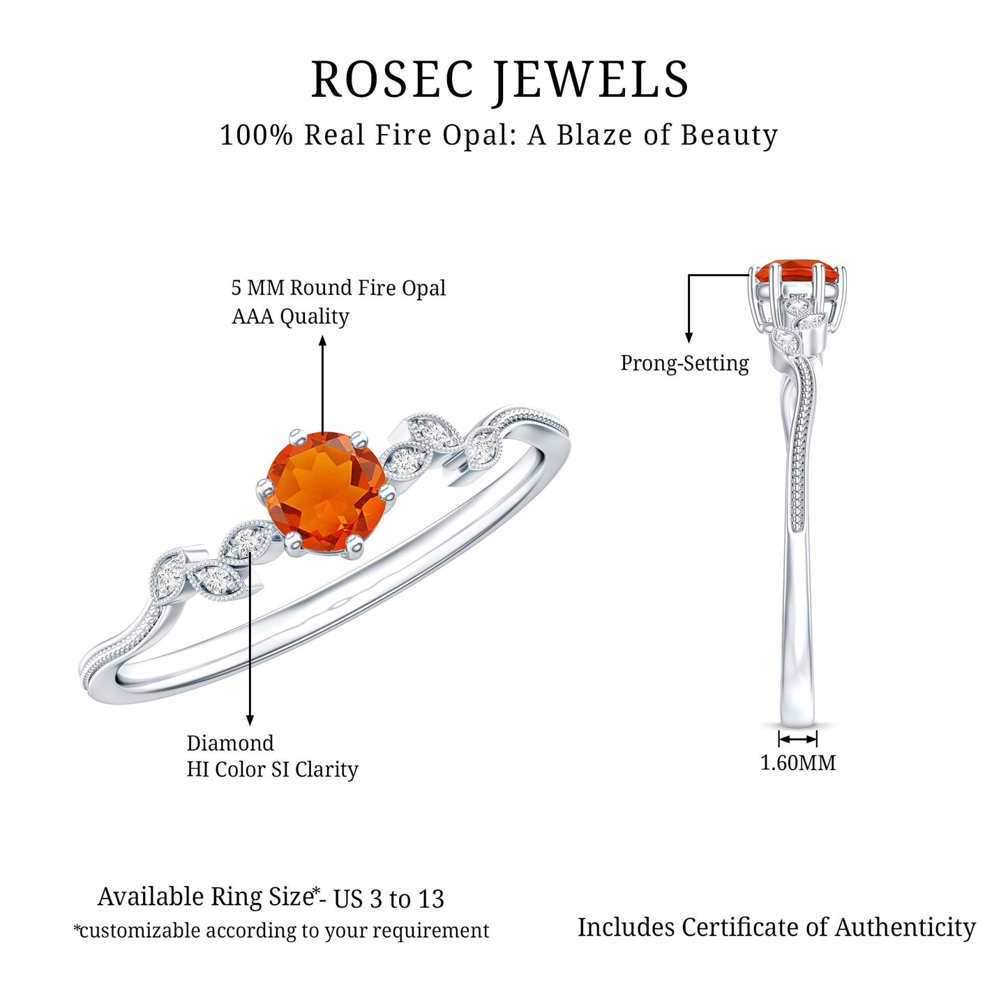 Round Fire Opal Leaf Promise Ring with Diamond