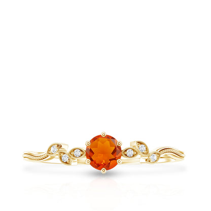 Round Fire Opal Leaf Promise Ring with Diamond