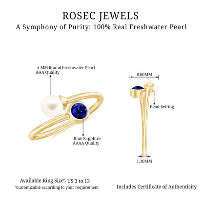 Lab Created Blue Sapphire and Pearl Toi Et Moi Ring