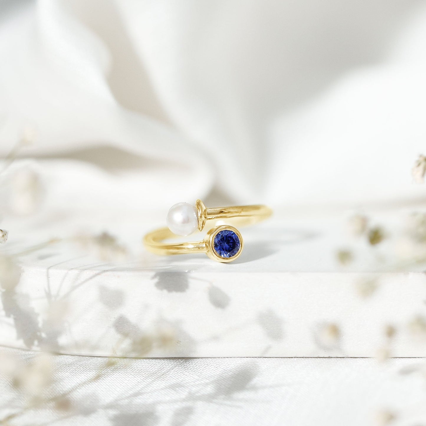 Lab Created Blue Sapphire and Pearl Toi Et Moi Ring
