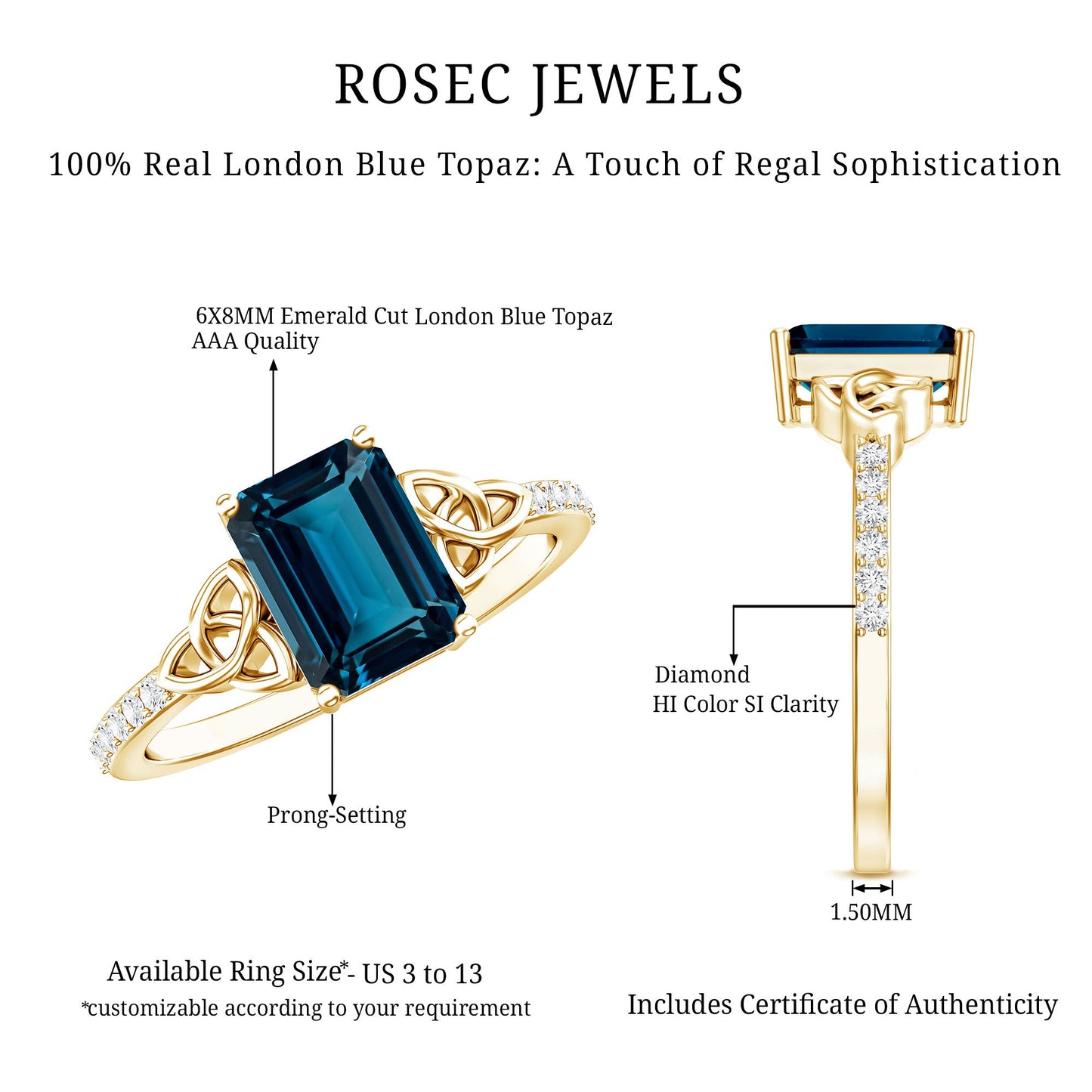 Emerald Cut London Blue Topaz Celtic Engagement Ring with Diamond