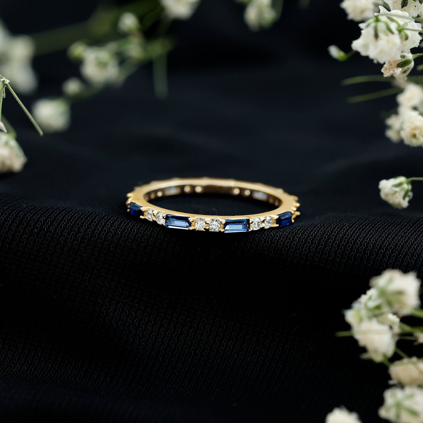 Certified Baguette Lab Blue Sapphire Eternity Ring with Diamond