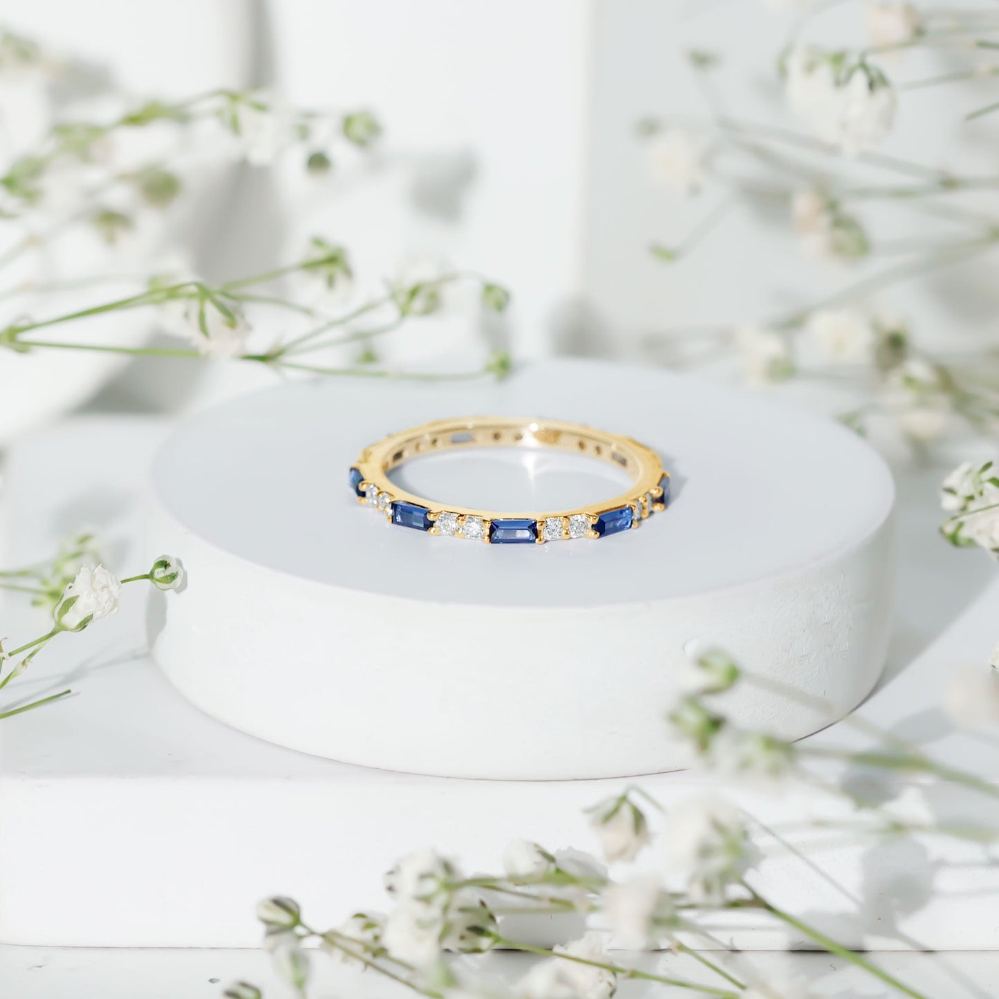 Certified Baguette Lab Blue Sapphire Eternity Ring with Diamond