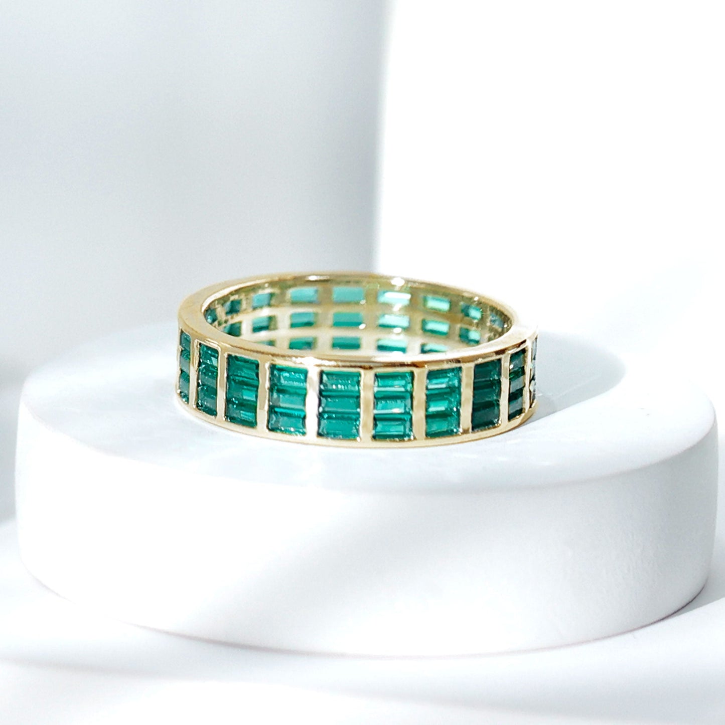 Baguette Cut Lab Grown Emerald 3 Row Eternity Band