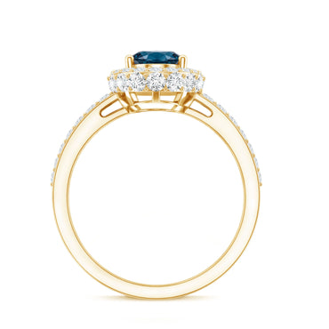 Genuine London Blue Topaz Classic Engagement Ring with Moissanite Halo