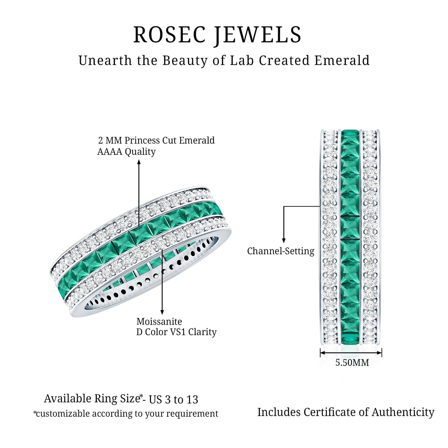 Certified Lab Grown Emerald 3 Row Eternity Wedding Band