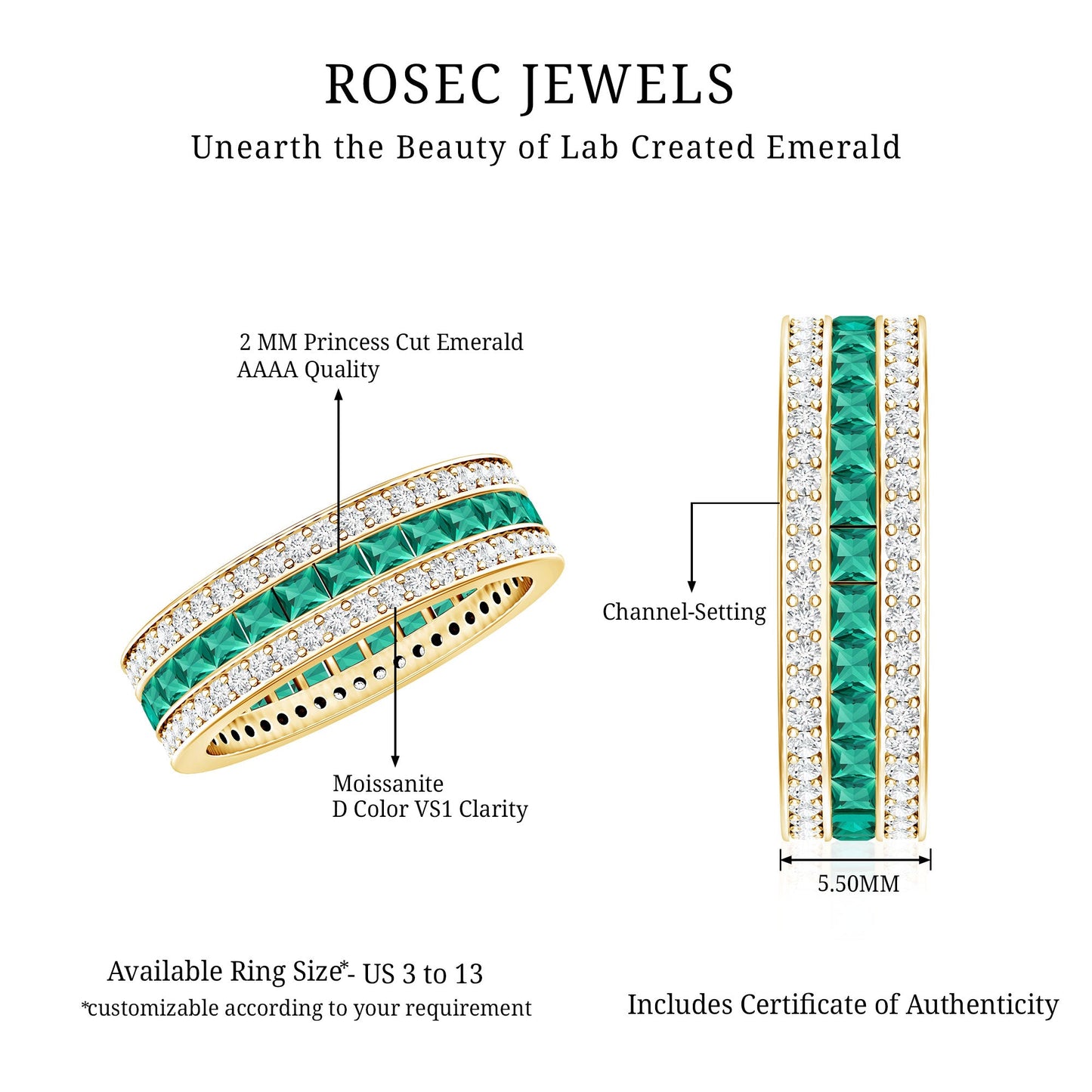 Certified Lab Grown Emerald 3 Row Eternity Wedding Band