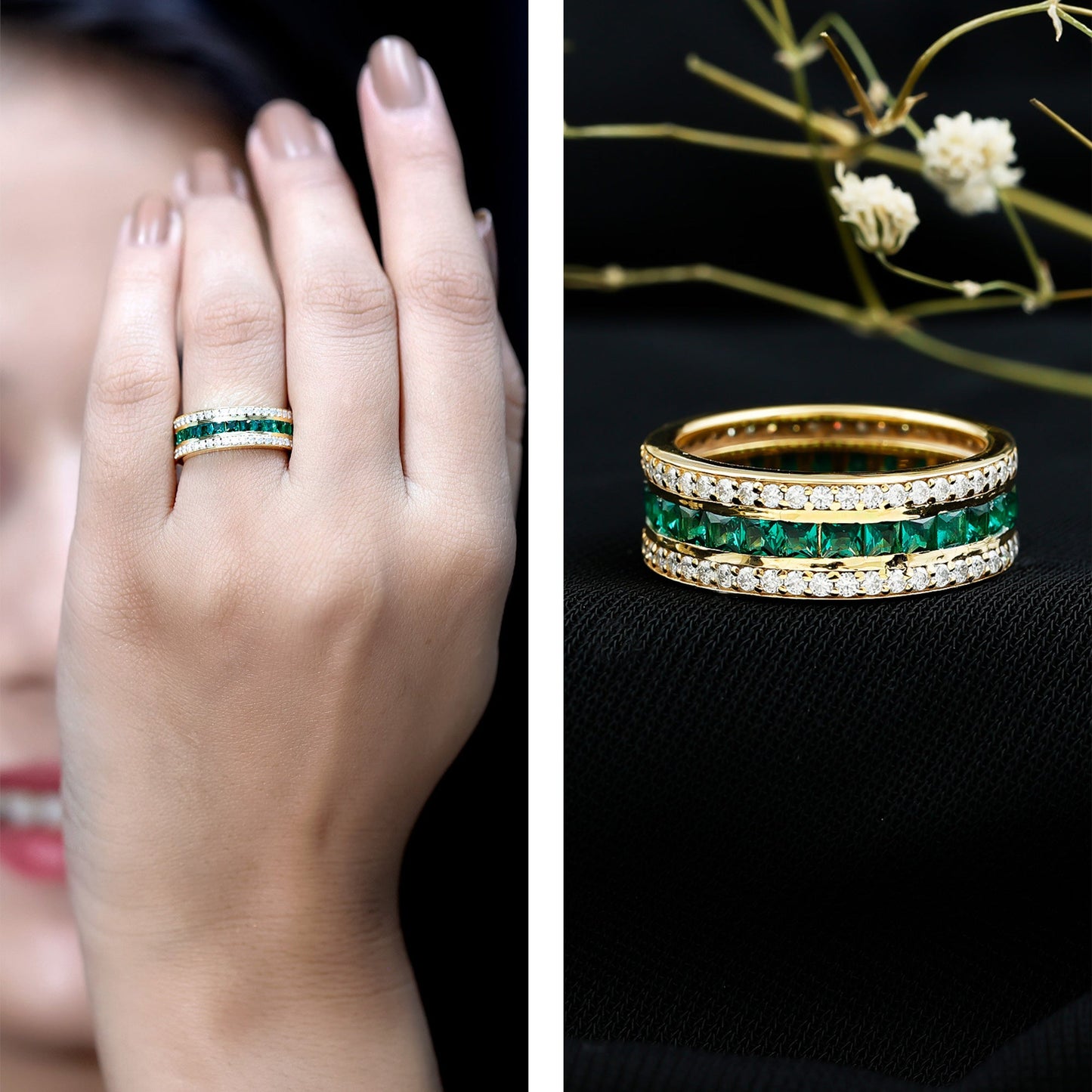 Three Row Lab Created Emerald and Moissanite Wedding Band