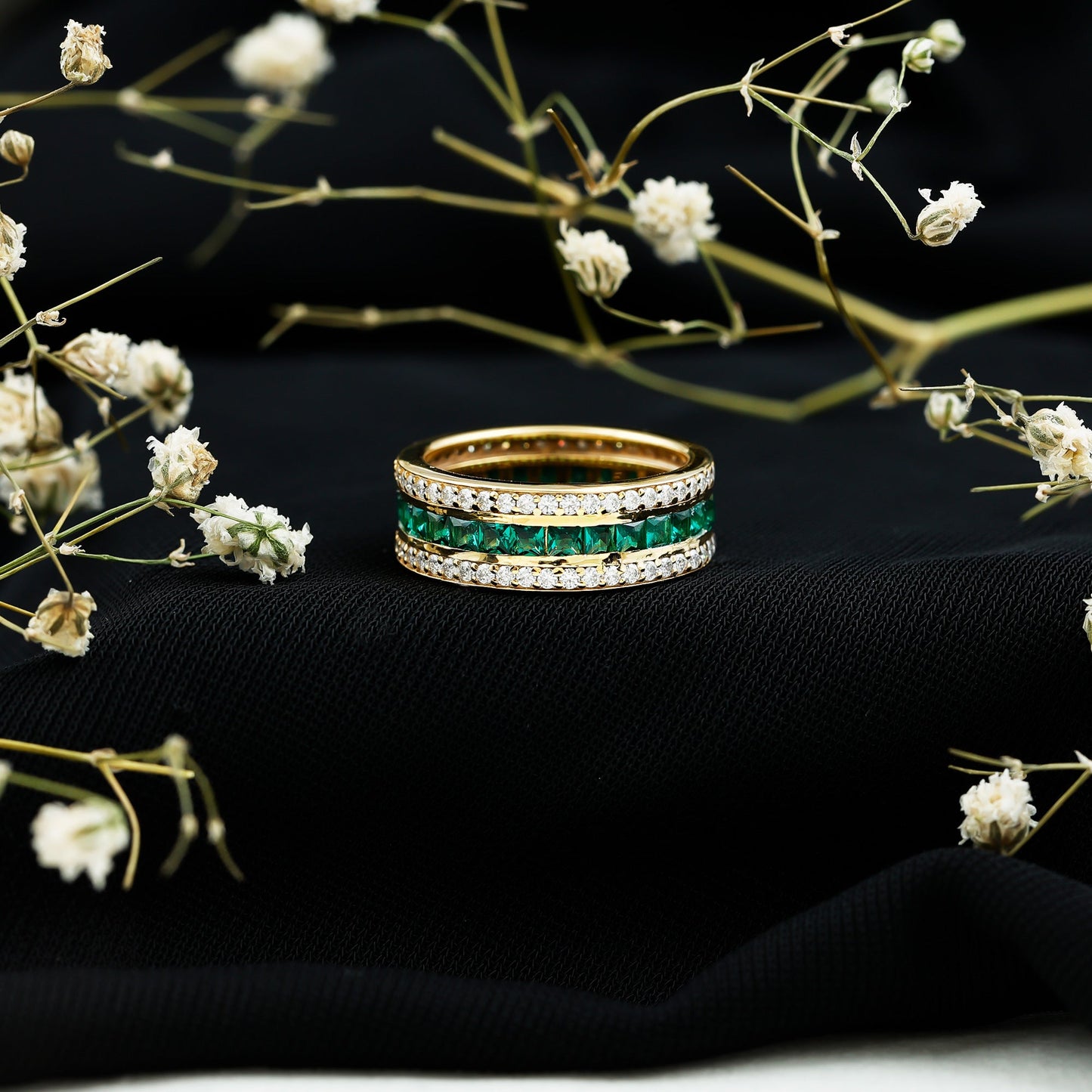Three Row Lab Created Emerald and Moissanite Wedding Band