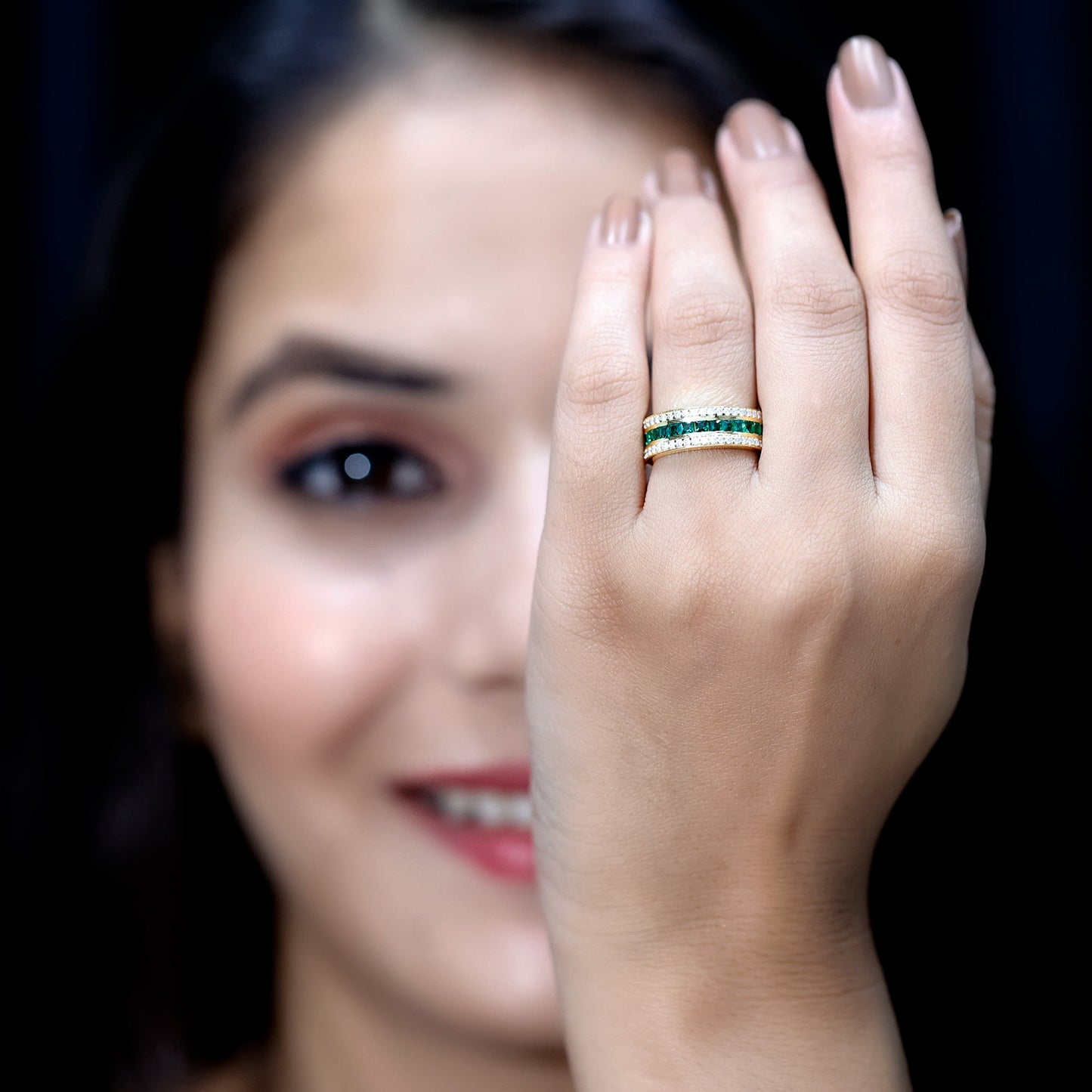 Three Row Lab Created Emerald and Moissanite Wedding Band