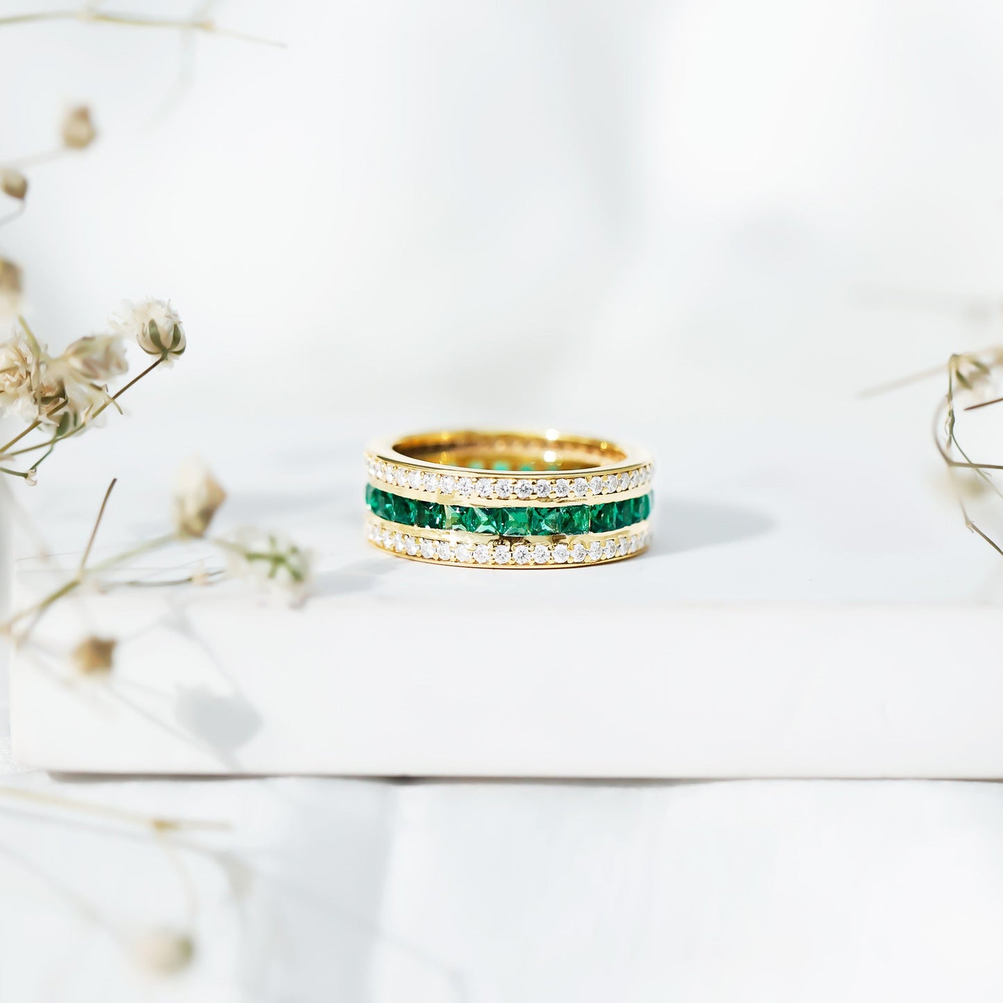 Three Row Lab Created Emerald and Moissanite Wedding Band