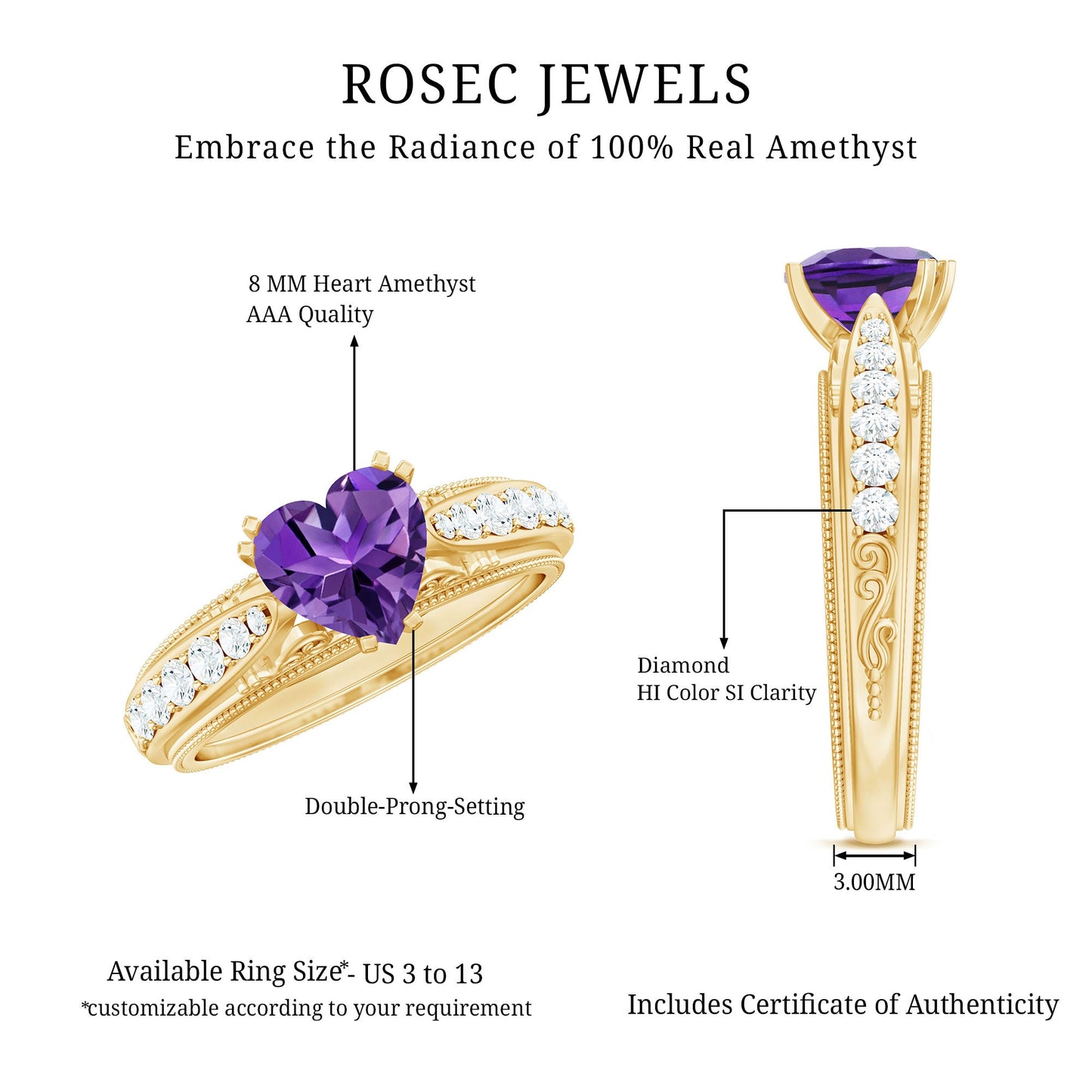 Vintage Style 2 Carat Amethyst Heart Engagement Ring with Diamond