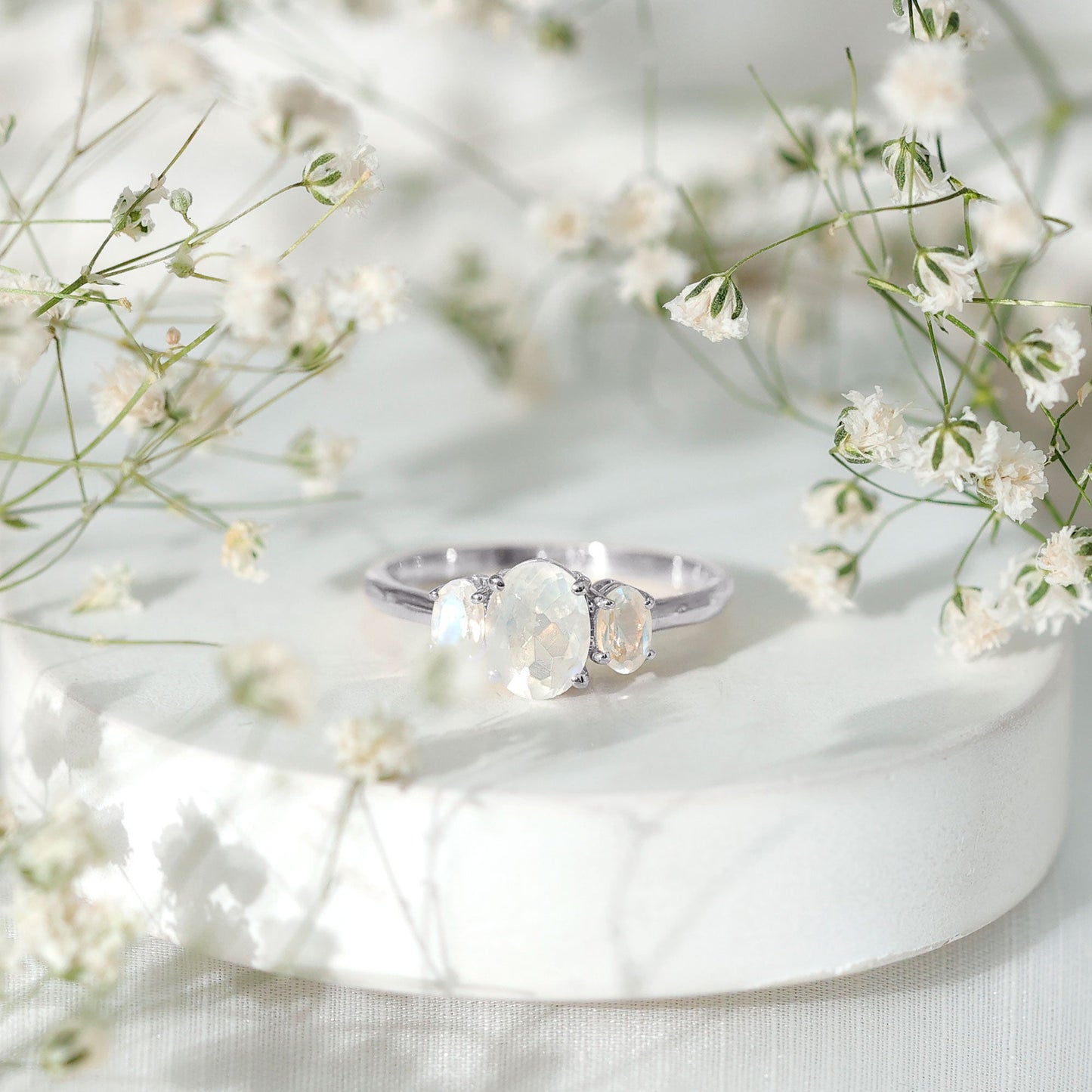 Natural Moonstone Three Stone Oval Engagement Ring