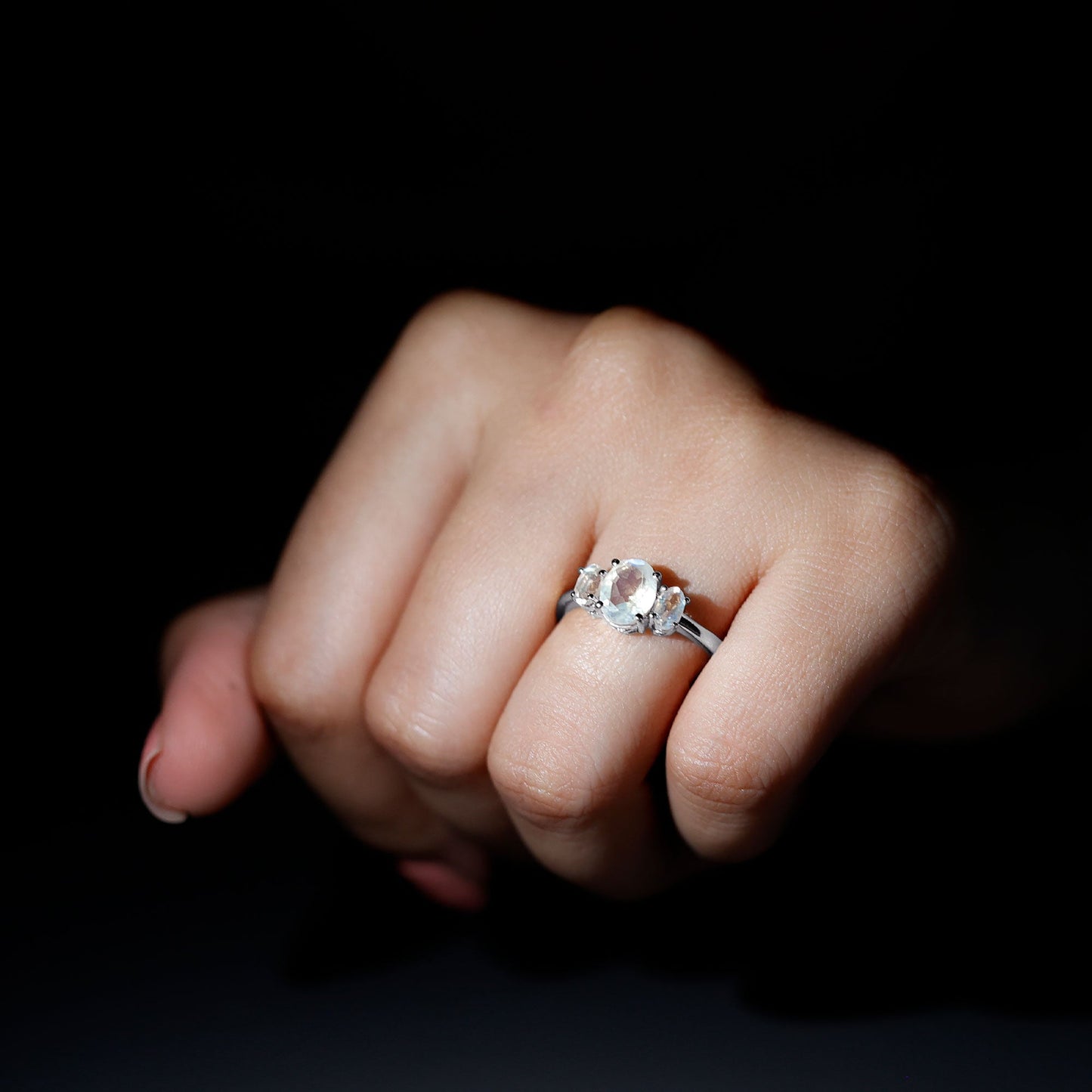 Natural Moonstone Three Stone Oval Engagement Ring