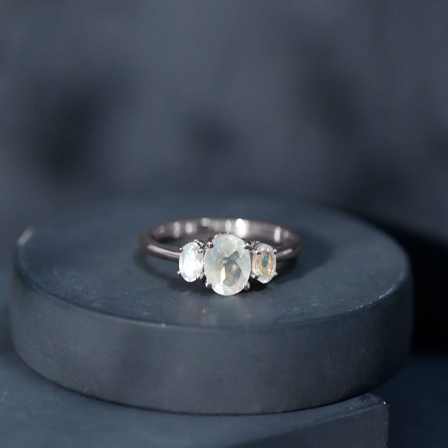 Natural Moonstone Three Stone Oval Engagement Ring