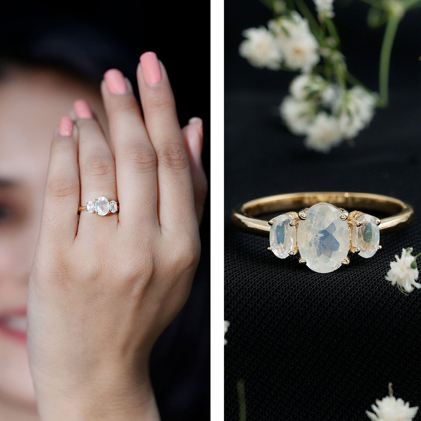Natural Moonstone Three Stone Oval Engagement Ring