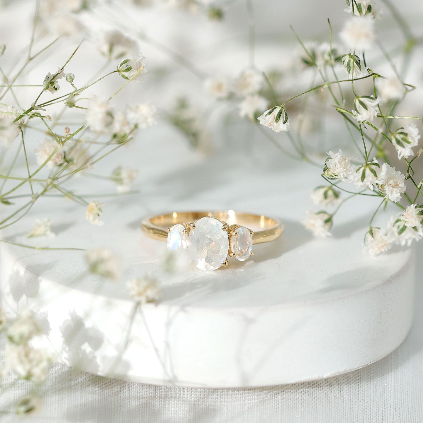 Natural Moonstone Three Stone Oval Engagement Ring