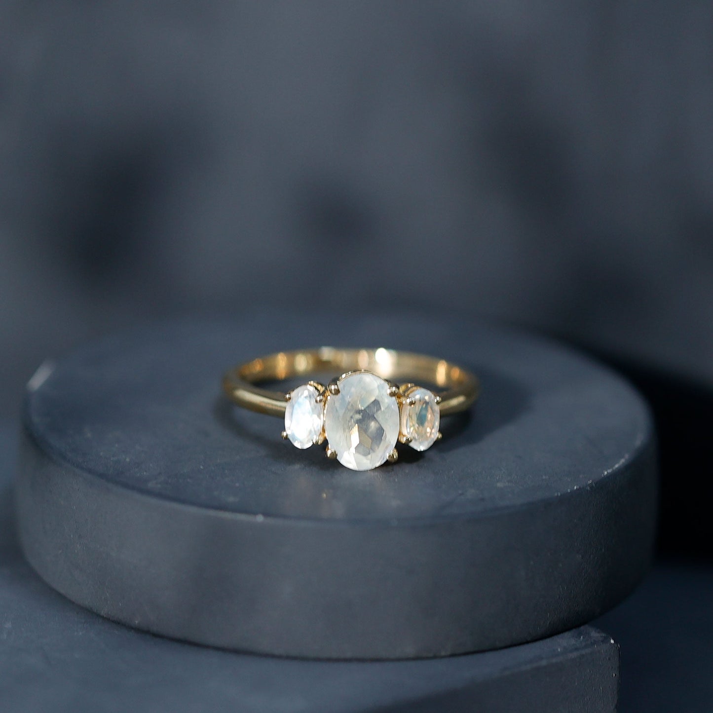 Natural Moonstone Three Stone Oval Engagement Ring