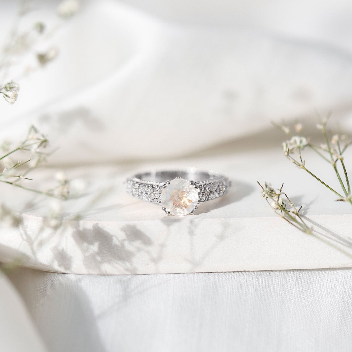 Vintage Style Moonstone and Diamond Flower Engagement Ring