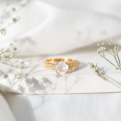Vintage Style Moonstone and Diamond Flower Engagement Ring