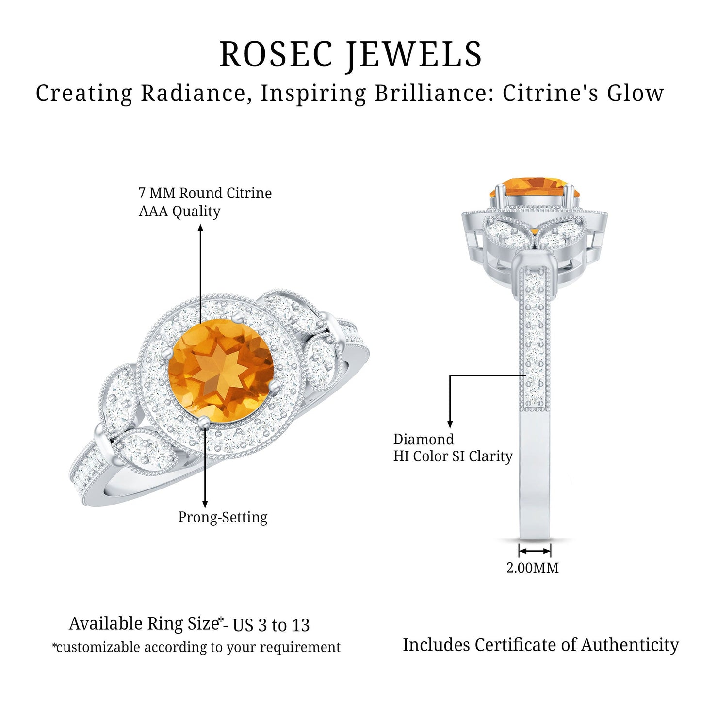 Vintage Style 1.2 Carat Citrine Engagement Ring with Diamond Halo