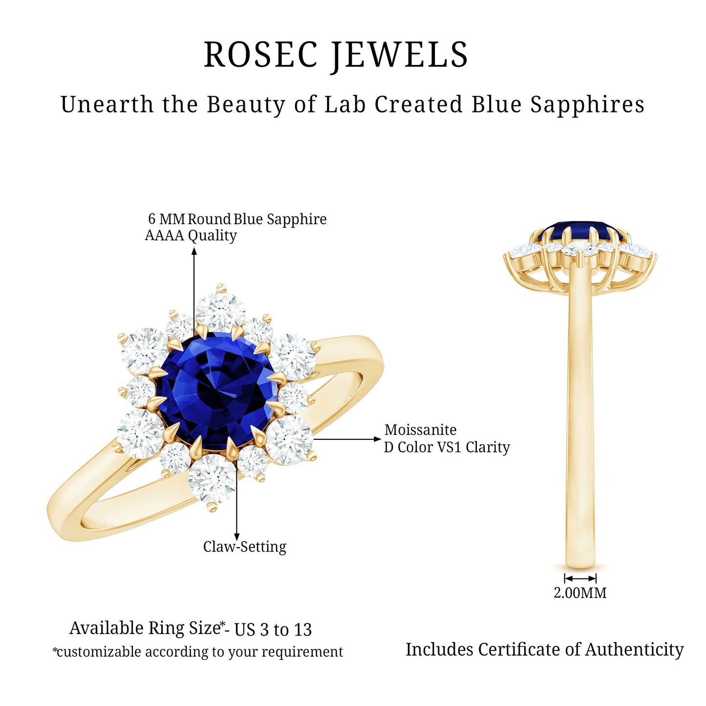 Round Cut Created Blue Sapphire Classic Halo Engagement Ring with Moissanite
