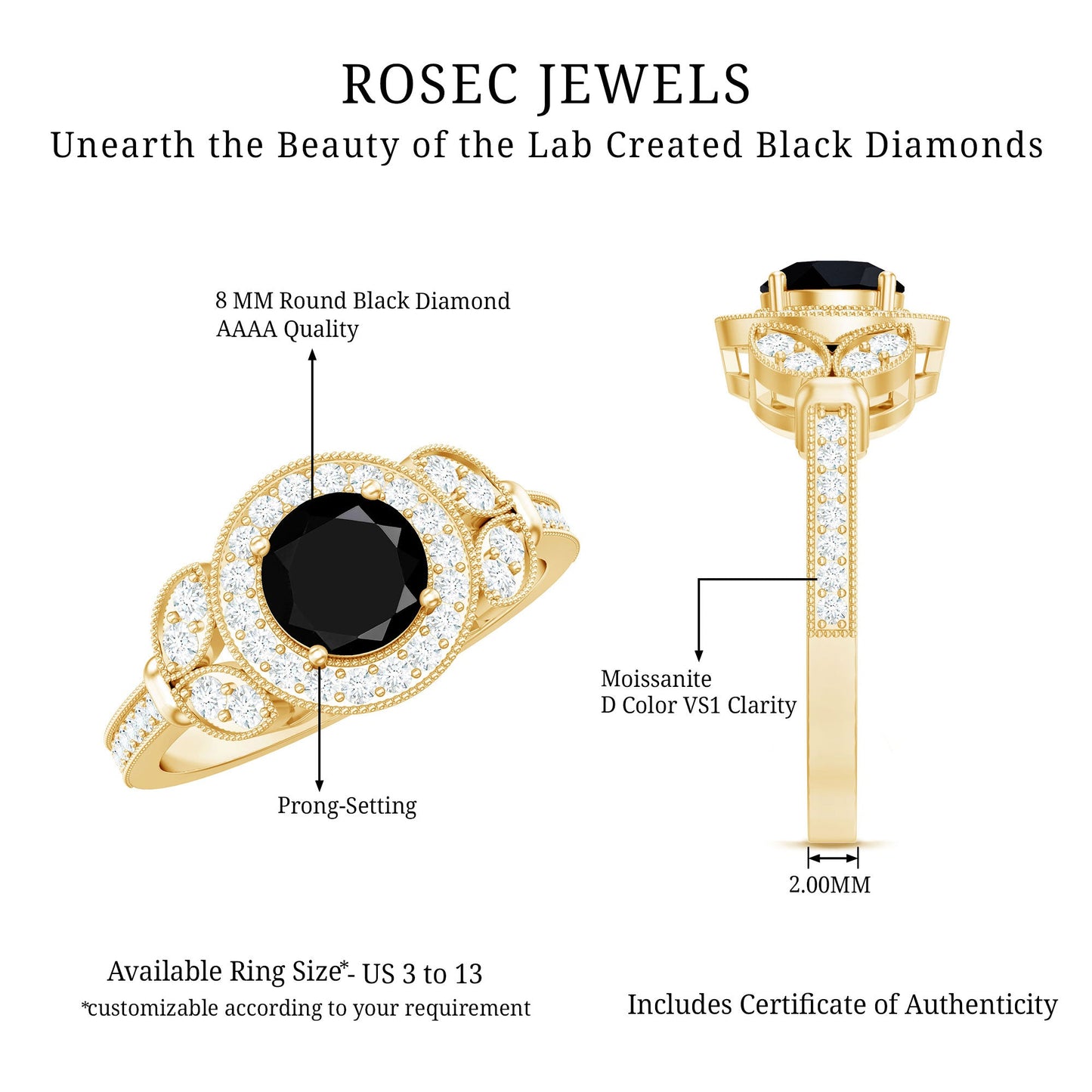 Vintage Style 2 Carat Lab Grown Black Diamond Engagement Ring with Moissanite