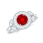 Vintage Inspired Lab Grown Ruby Engagement Ring with Diamond Halo