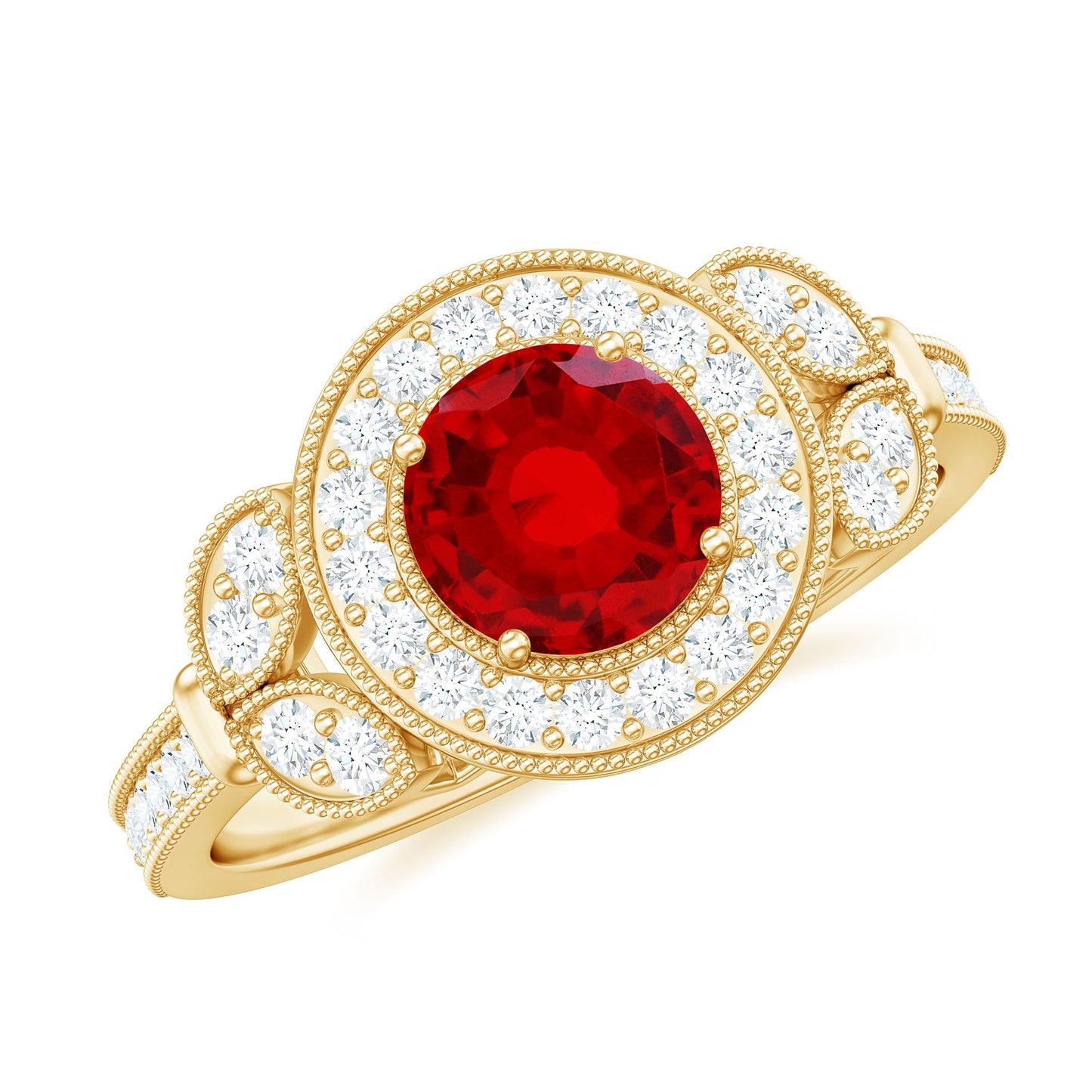 Vintage Inspired Lab Grown Ruby Engagement Ring with Diamond Halo