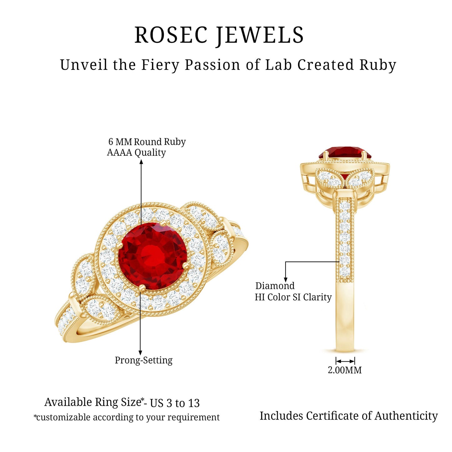 Vintage Inspired Lab Grown Ruby Engagement Ring with Diamond Halo