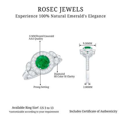 Vintage Style Emerald Engagement Ring with Diamond Halo
