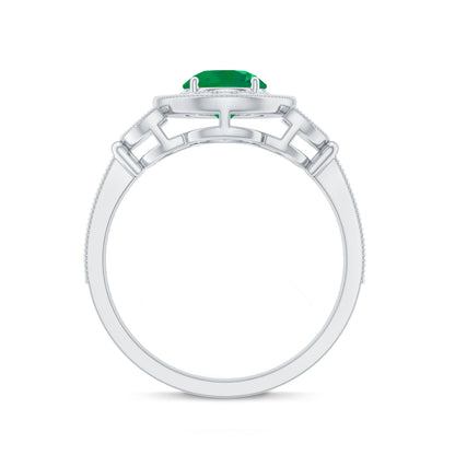 Vintage Style Emerald Engagement Ring with Diamond Halo