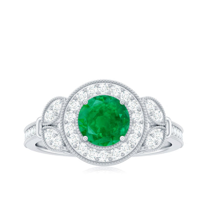 Vintage Style Emerald Engagement Ring with Diamond Halo