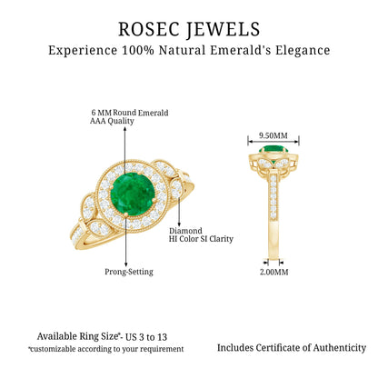 Vintage Style Emerald Engagement Ring with Diamond Halo