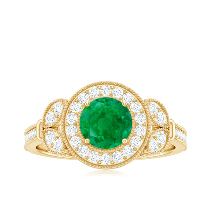 Vintage Style Emerald Engagement Ring with Diamond Halo